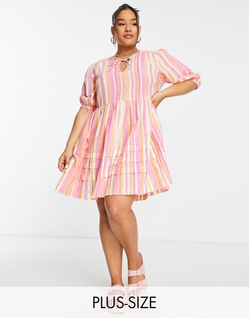 Vestido corto rosa a rayas de lino de Simply Be