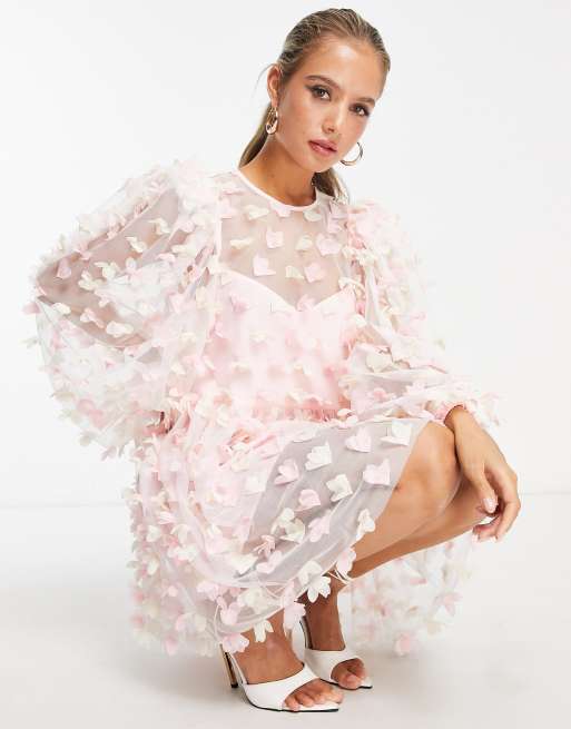 Vestido corto rosa amplio con dise o de flores 3D de malla de ASOS