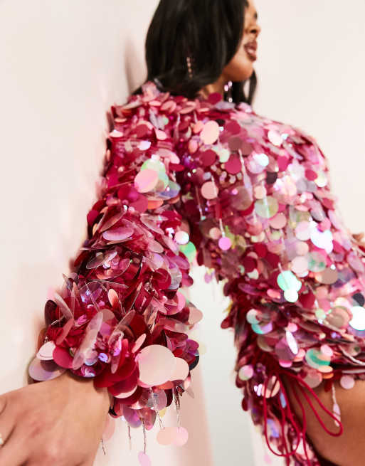 Vestido corto rosa asimétrico de lentejuelas iridiscentes de ASOS LUXE, 3 de 4