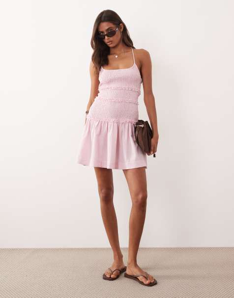 Vestido corto rosa azucarado con cintura baja fruncida de tejido rugoso de ASOS DESIGN - view 1