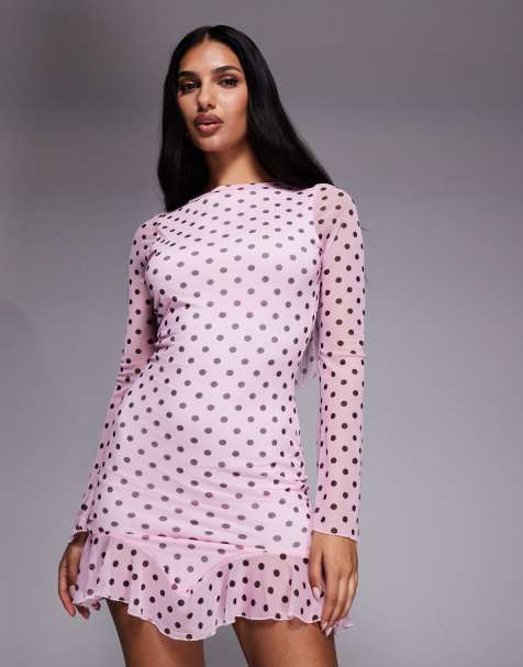 Vestido corto rosa ceñido de manga larga con estampado de lunares negros, espalda abierta y bajo de volantes exclusivo de Kaiia - view 1