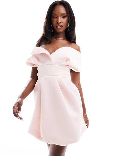 Vestido corto rosa claro abullonado con escote Bardot de tejido efecto neopreno de ASOS DESIGN - view 1