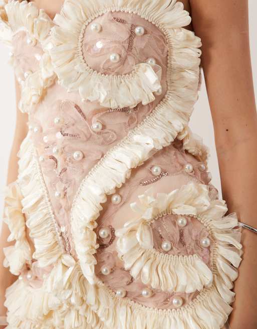 Vestido corto rosa con diseño de cisne tridimensional y abalorios de ASOS LUXE, 3 de 4