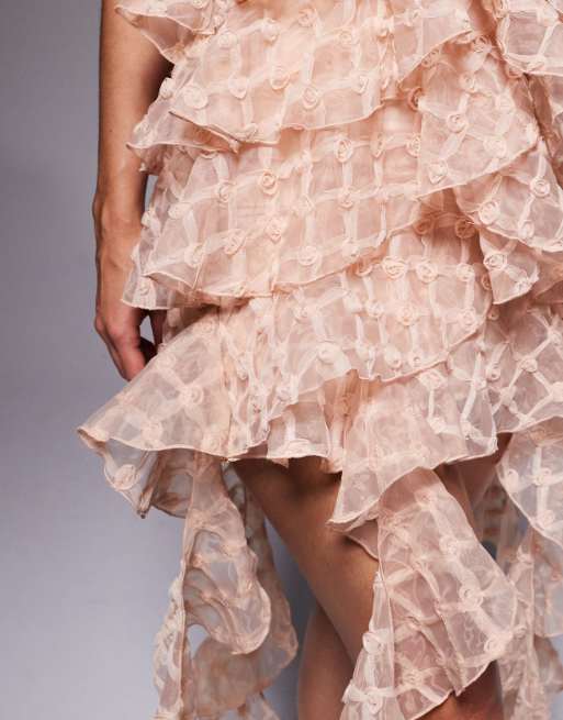 Vestido corto rosa con estampado de rosas, cuello halter y volantes de ASOS LUXE, 3 de 4