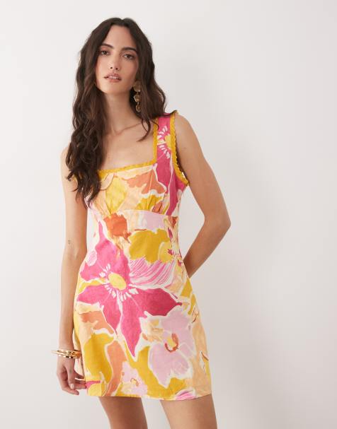 Vestido corto rosa con estampado floral y escote cuadrado de mezcla de lino Ciara de Nobody's Child - view 1