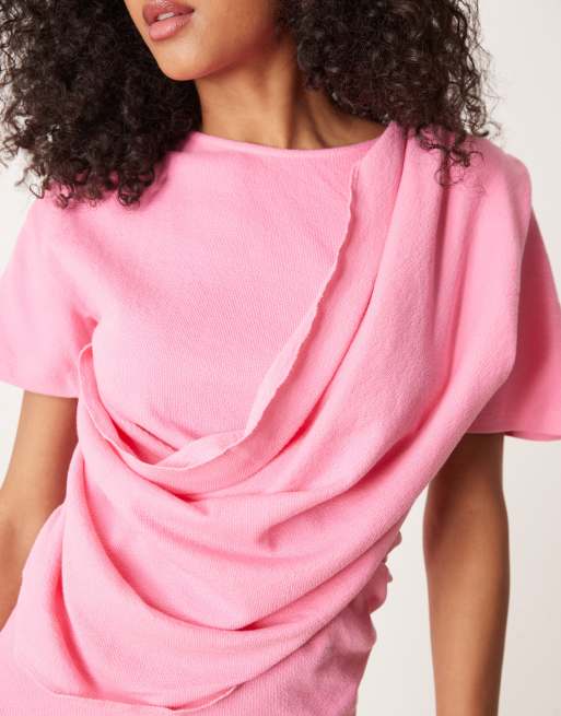 Vestido corto rosa de manga corta con parte delantera drapeada de tejido texturizado de ASOS DESIGN, 3 de 4