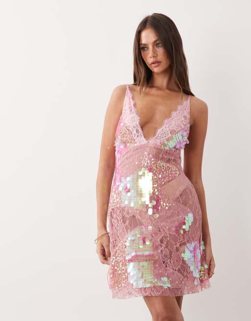 Vestido corto rosa de tirantes con abalorios de encaje transparente de ASOS DESIGN, 2 de 4