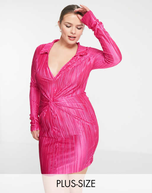 Vestido corto rosa intenso plisado de manga larga con parte delantera anudada de In The Style Plus x Liberty