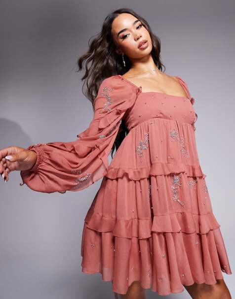 Vestido corto rosa negruzco con pedrería y volantes de ASOS DESIGN - view 1