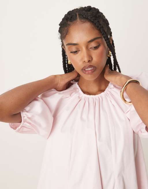 Vestido corto rosa pastel con mangas abullonadas de popelina de algodón de ASOS DESIGN, 3 de 4