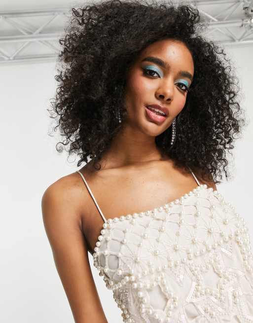 Vestido corto rosa pastel de tirantes con adornos de perlas y plumas sintéticas de ASOS EDITION, 3 de 4