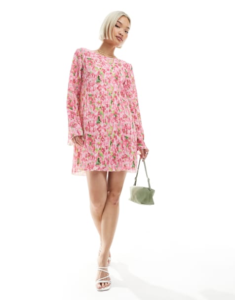 Vestido corto rosa plisado de manga larga con estampado floral de Pieces - view 1