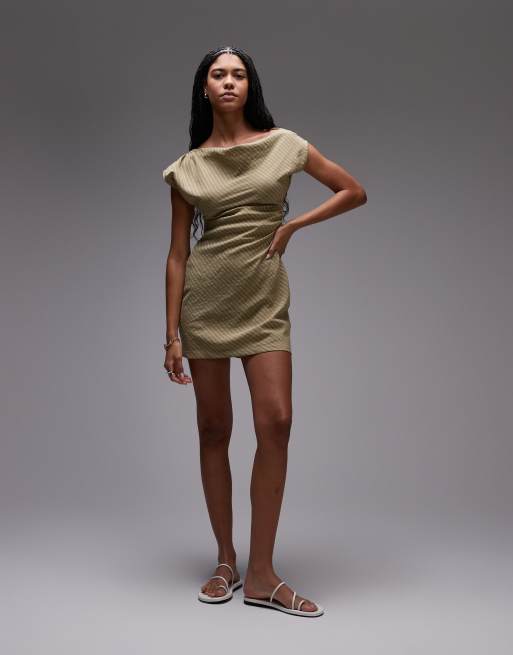 Vestido corto verde a rayas con cuello subido y cintura entallada de Topshop