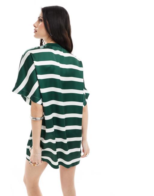 Vestido corto verde a rayas estilo camiseta extragrande de satén de ASOS DESIGN, 4 de 4