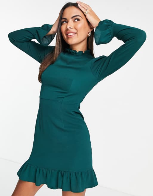 márketing Dar permiso Percibir Vestido corto verde botella con mangas tres cuartos acampanadas y cuello de  volantes de ASOS DESIGN | ASOS