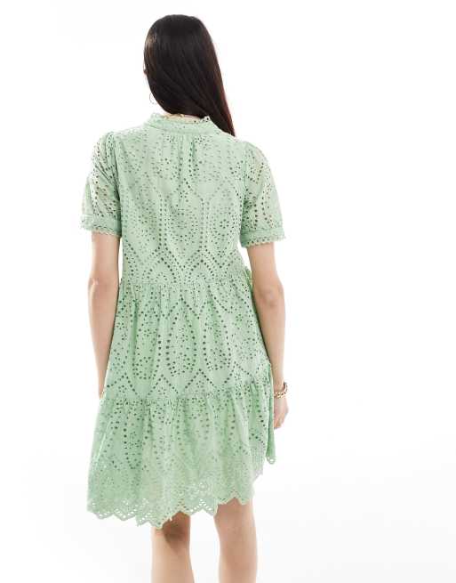 Vestido corto verde claro de manga corta con bordado inglés de YAS, 2 de 4