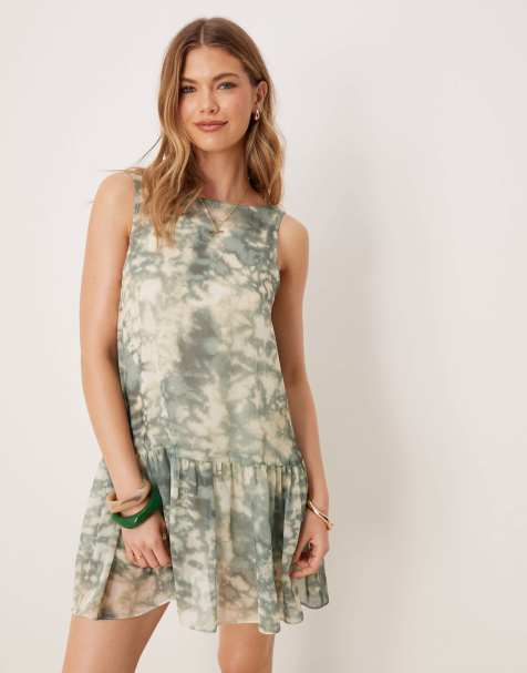 Vestido corto verde con estampado abstracto y cintura baja de chifón de ASOS DESIGN - view 1
