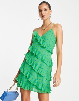 Mango ruched detail mini dress in green polka dot - ASOS Price Checker