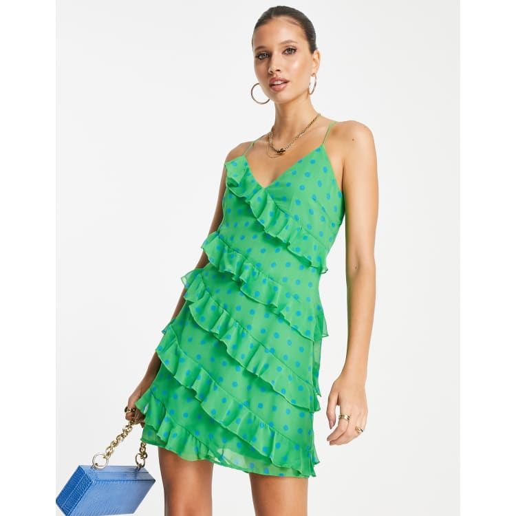 Vestido verde con estampado lunares y detalle de volantes de Mango ASOS