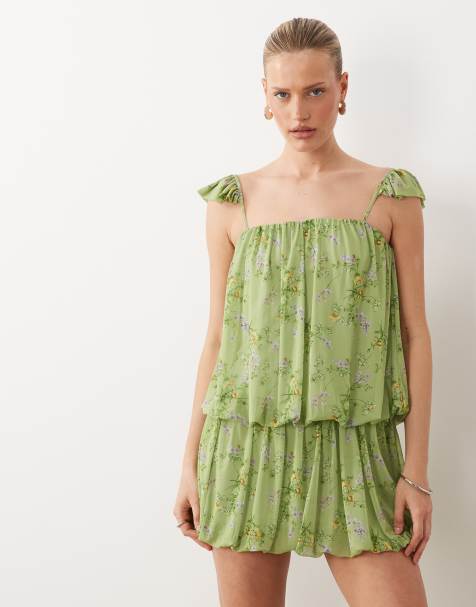 Vestido corto verde con estampado floral y bajo abullonado de ASOS DESIGN - view 1