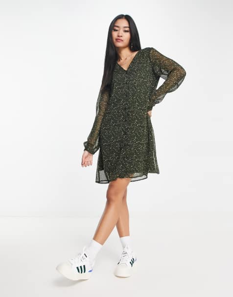 Vestido corto verde con estampado floral y cuello de pico Riley de Only - view 1