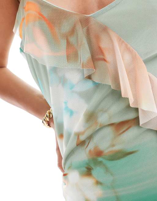 Vestido corto verde con estampado floral y volante de malla de ASOS DESIGN, 2 de 4