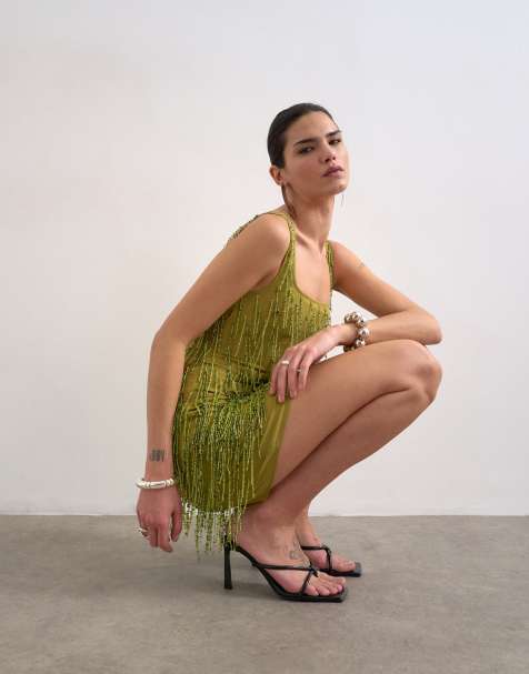 Vestido corto verde con flecos de abalorios de Topshop - view 1