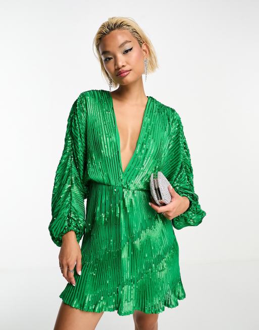 Vestido corto verde con mangas blusón y diseño adornado de ASOS DESIGN