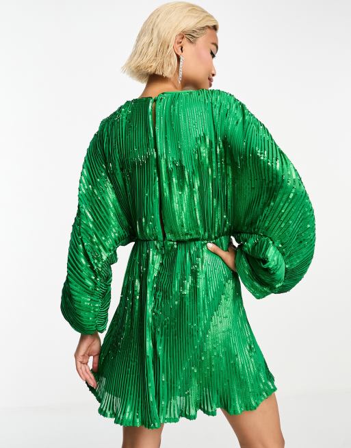 Vestido corto verde con mangas blusón y diseño adornado de ASOS DESIGN, 4 de 4