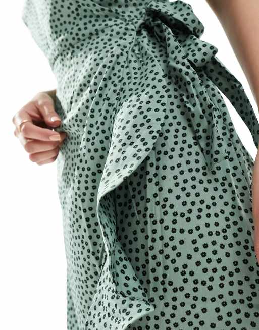 Vestido corto verde cruzado con volantes y estampado de lunares de Only , 3 de 4