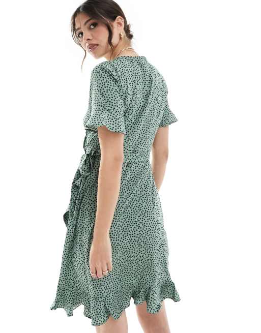 Vestido corto verde cruzado con volantes y estampado de lunares de Only , 4 de 4