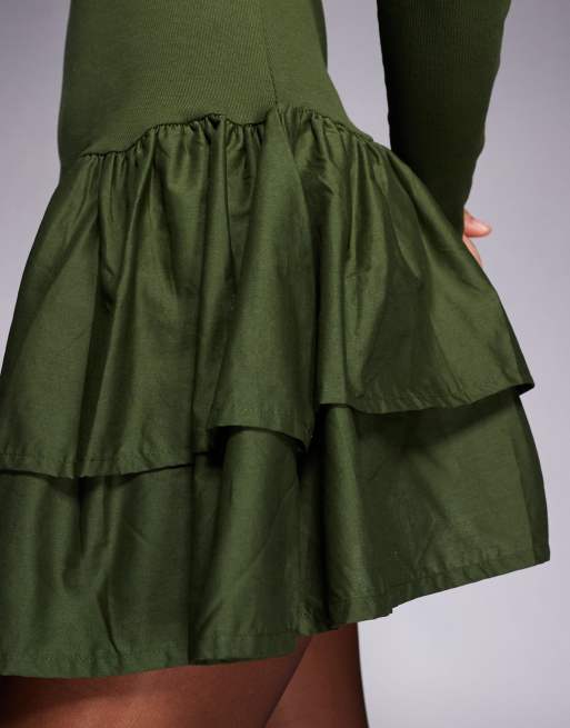 Vestido corto verde de canalé con falda de tejido liso de ASOS DESIGN, 3 de 4