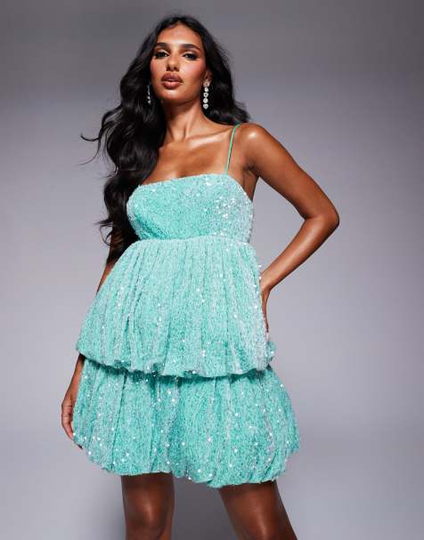 Vestido corto verde de corte skater y tirantes con diseño abullonado de lentejuelas de ASOS LUXE - view 1