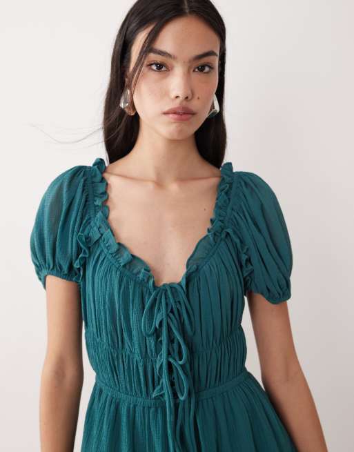 Vestido corto verde de estilo bohemio con mangas abullonadas y volante de ASOS DESIGN, 3 de 4