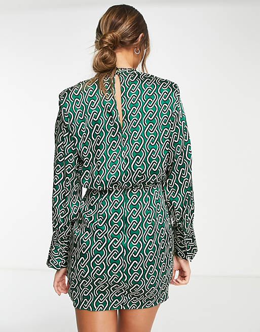 Bocadillo arquitecto radical Vestido corto verde de manga larga con diseño estampado de satén de Mango |  ASOS