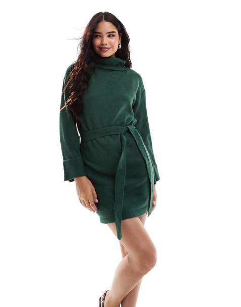 Vestido corto verde estilo jersey con cuello vuelto y lazada en la cintura de Vila - view 1