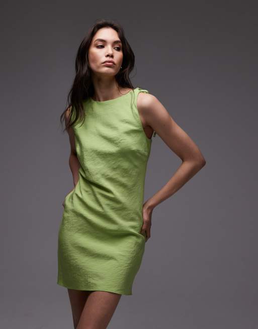 Vestido corto verde lima de corte acampanado con espalda al aire de cupro de Topshop