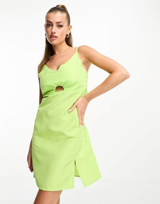 Vestido corto verde lima de tirantes con abertura de popelina de Threadbare