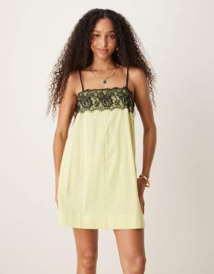Vestido corto verde lima lavado de tirantes con capa exterior de encaje de ASOS DESIGN - view 1