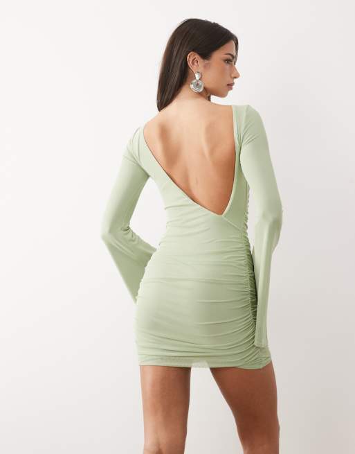 Vestido corto verde manzana fruncido con mangas efecto cascada de malla de ASOS DESIGN, 4 de 4