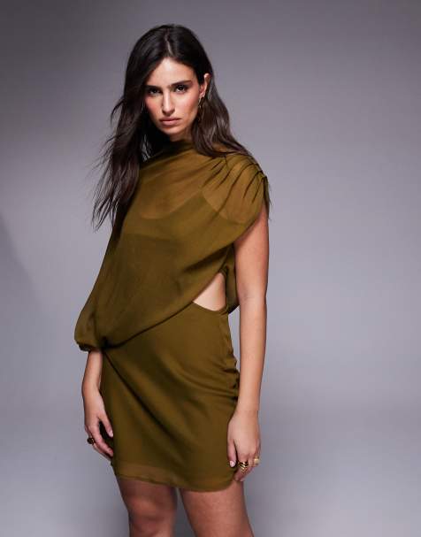 Vestido corto verde oliva con diseño drapeado asimétrico, cuello alto y abertura de ASOS DESIGN - view 1