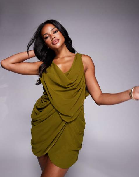 Vestido corto verde oliva con diseño muy drapeado y espalda abierta de ASOS DESIGN - view 1
