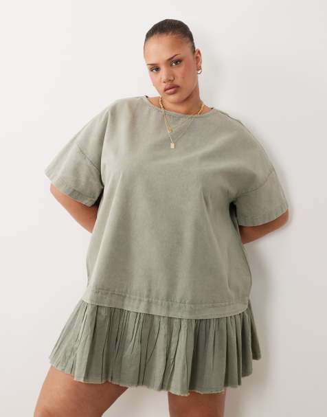 Vestido corto verde oliva lavado estilo camiseta con diseño híbrido de ASOS DESIGN Curve - view 1