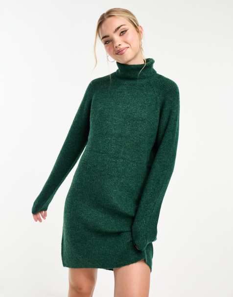 Vestido corto verde oscuro estilo jersey con cuello vuelto de Pieces - view 1