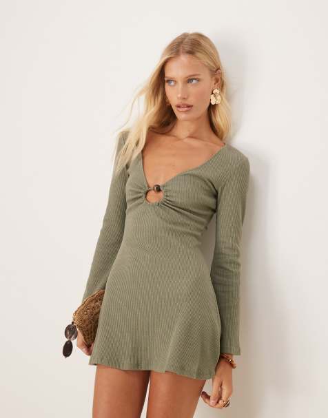 Vestido corto verde salvia de manga larga con detalle de herraje de croché de ASOS DESIGN - view 1