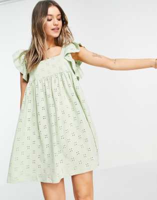 Vestido Corto Verde Salvia Con Escote Cuadrado Y Manga Abullonada De Tul De Asos Edition