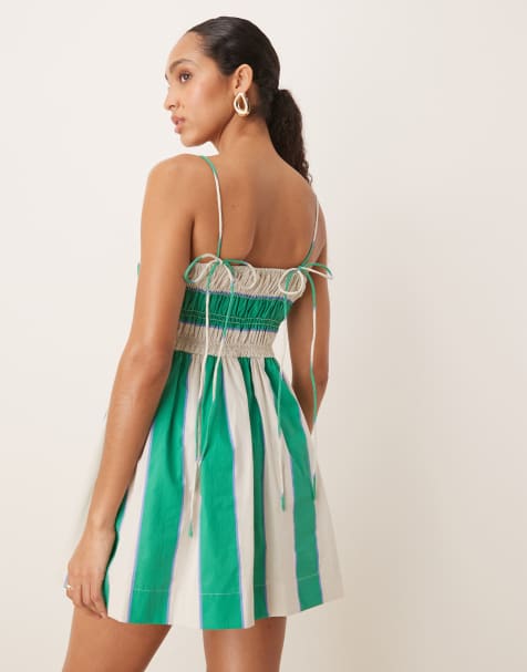 Vestido corto verde y lila a rayas con pecho fruncido de popelina de algodón de ASOS DESIGN - view 1