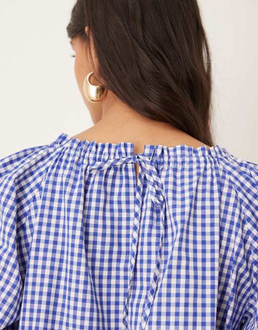 Vestido de corte amplio a cuadros vichy azules con bajo de sobrefalda de ASOS DESIGN, 3 de 4