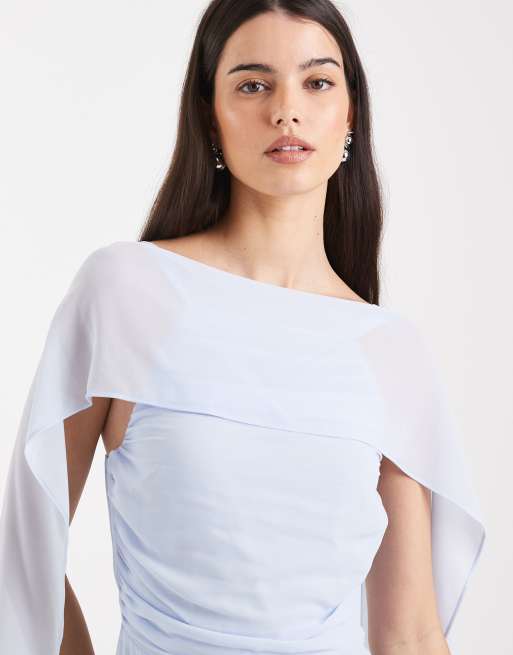 Vestido de dama de honor azul con abertura lateral y detalle de capa de chifón de TFNC, 4 de 4