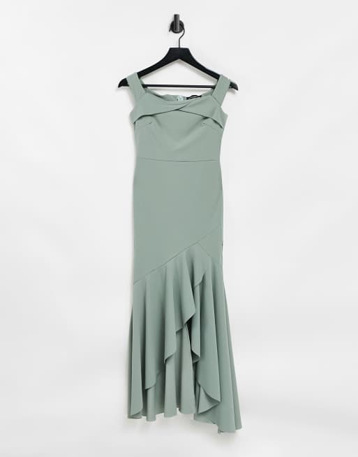 Vestido de dama de honor en verde salvia con escote bardot y bajo de cola de pez de Little Mistress